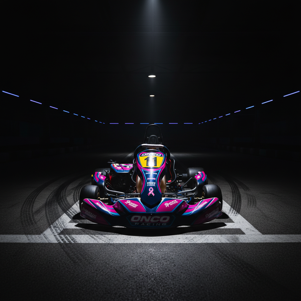 A dramatic, darkened indoor kart track with a single spotlight focused on the Onco Racing kart parked precisely on the start/finish line. The kart’s magenta and navy livery glows against the surrounding shadows, with reflective decals for cancer awareness and sponsor logos catching the light. The track surface shows subtle tire marks and a crisp white line beneath the chassis. Overhead, faint LED strips along the barriers create a soft, futuristic glow. Captured from a low, centered frontal angle with a symmetrical composition, the scene feels like a heroic reveal. The lighting is high-contrast, emphasizing edges and contours. The atmosphere is bold, cinematic, and inspiring, underscoring the idea of a single team poised to ignite change with every lap.