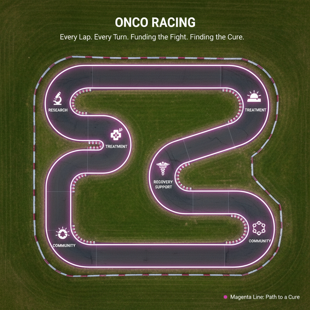 An overhead, wide-format shot of an outdoor kart circuit mapped out as an infographic-style track, with the racing line highlighted in bright magenta to represent Onco Racing’s path toward a cure. Each major corner is marked with small, glowing icons symbolizing milestones like research, treatment, recovery, and community support. The track is rendered in realistic asphalt texture, surrounded by green infield grass and safety barriers, under diffused overcast daylight that produces soft shadows and even illumination. The composition is clean and graphic, blending photographic realism with subtle illustrative overlays. The mood is strategic, hopeful, and purposeful, visually communicating how every lap and every turn contributes to cancer research funding and awareness.