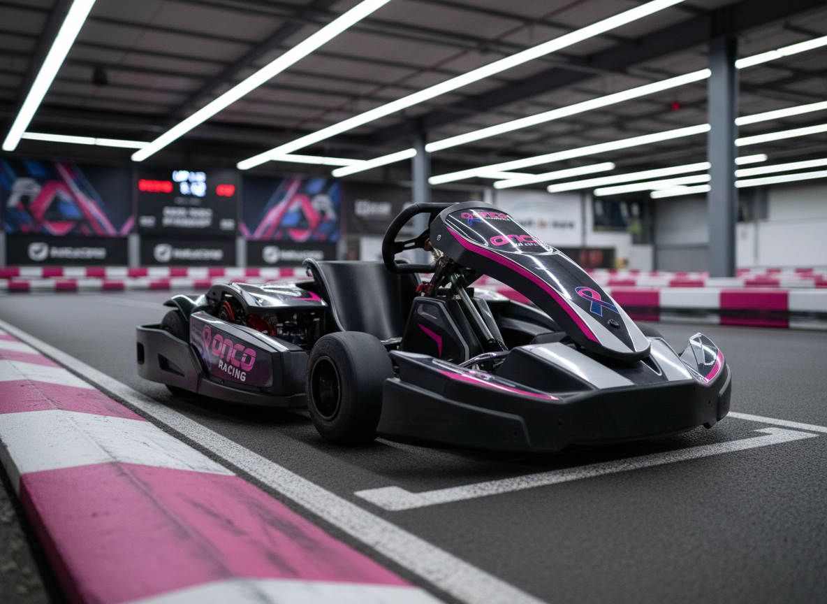 A sleek electric go-kart emblazoned with the bold Onco Racing logo in vivid magenta and deep navy, its aerodynamic body panels gleaming under track lights. The kart sits on pristine asphalt at the start line of an indoor karting circuit, flanked by crisp white and hot-pink curbs. Overhead LED panels cast bright, even illumination, creating sharp reflections on the glossy paint and subtle shadows beneath the chassis. Shot from a low, three-quarter front angle with photographic realism, the composition emphasizes speed and purpose, with blurred sponsor banners and a digital lap timer in the background. The mood is high-energy, modern, and determined, capturing the idea of full throttle for a cure without showing any drivers.