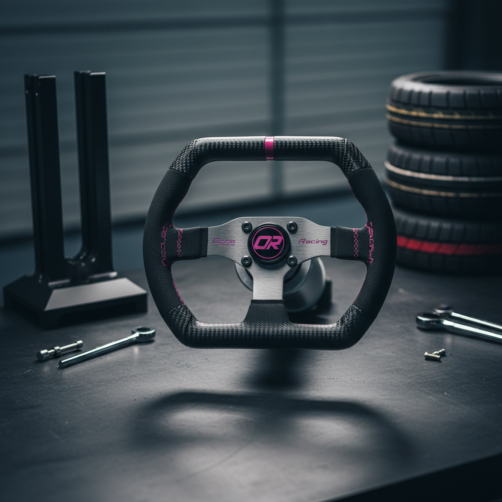 A close-up, overhead shot of a carbon-fiber go-kart steering wheel mounted on a precision-machined aluminum column, wrapped in textured black grip tape with small magenta stitching accents for Onco Racing. The wheel is positioned on a clean workbench with a dark matte surface, surrounded by carefully arranged tools, a racing helmet stand without the helmet, and neatly stacked tire compounds. Cool, diffused workshop lighting from above creates soft reflections on metallic surfaces and gentle shadows that add depth. The photographic, high-detail composition uses shallow depth of field to keep the wheel in razor-sharp focus while the background subtly blurs. The atmosphere feels technical, focused, and professional, highlighting the preparation and engineering behind cause-driven racing.