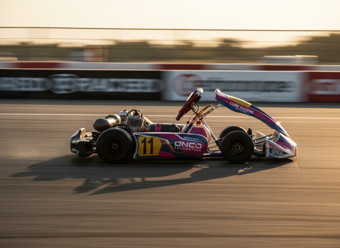A dynamic side view of the Onco Racing go-kart frozen mid-corner on an outdoor track, captured with photographic realism. The kart’s vibrant magenta, navy, and white livery streaks across the frame, with motion blur on the background barriers and track surface to emphasize speed, while the kart itself remains crisp and detailed. The setting is a late-afternoon golden hour, with warm sunlight raking across the asphalt, casting long, dramatic shadows and highlighting the metallic flecks in the paint. Colorful sponsor logos supporting cancer research are clearly visible on side pods and front fairing. Shot from a low trackside perspective with a rule-of-thirds composition, the mood is bold, intense, and inspiring, conveying momentum and impact for a cure.