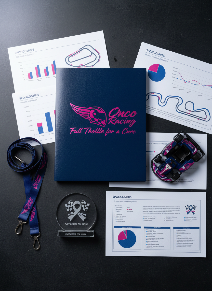 A high-contrast, top-down photographic shot of a dark worktable featuring a flat lay of Onco Racing sponsorship materials. Centered is a glossy, navy-blue folder with the Onco Racing logo and the tagline “Full Throttle for a Cure” in metallic magenta lettering. Surrounding it are crisp sponsorship proposal sheets with charts and track diagrams, a miniature die-cast go-kart in matching livery, branded lanyards, and a small acrylic award etched with a cancer ribbon and checkered flag motif. A subtle gradient light from the top left casts soft highlights and gentle shadows, creating depth without clutter. The mood is professional, modern, and aspirational, reinforcing partnership, impact, and the business side of cause racing, all captured with clean, photographic realism.