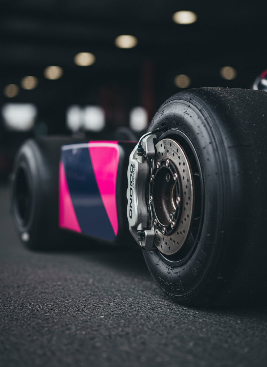 A close, angled macro shot of a rear racing tire and brake assembly on the Onco Racing kart, captured in ultra-detailed photographic realism. The slick black rubber shows fine wear patterns and tiny embedded rubber marbles from previous laps, while the ventilated brake disc and caliper reveal brushed metal textures and precision machining. Behind the wheel, a small section of the kart’s magenta and navy bodywork adds a bold color accent. The kart is positioned on a smooth, dark pit lane surface with faint reflections. Focused LED task lighting from the side creates sharp highlights on metal edges and subtle gradations across the tire, with an inky, softly blurred background. The mood is intense, technical, and driven by performance in service of a cause.