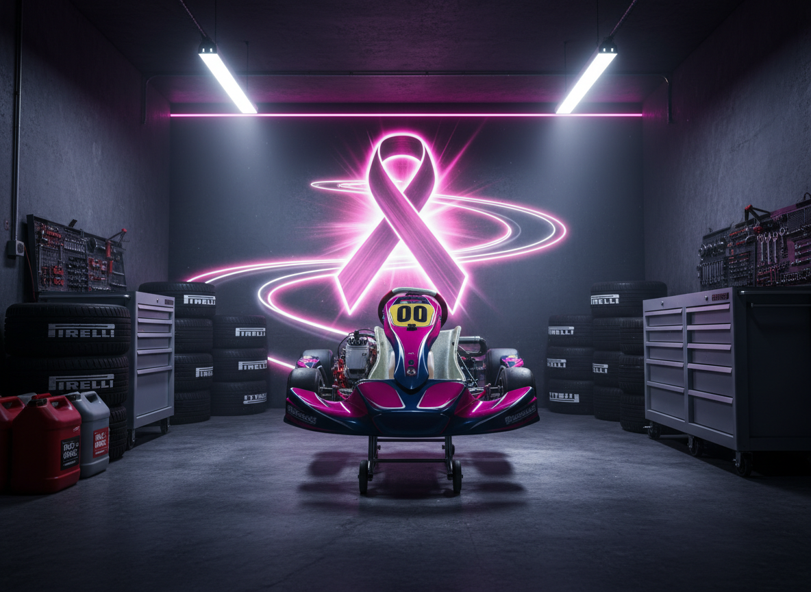 An illuminated pit lane garage dedicated to Onco Racing, photographed with cinematic realism. A single go-kart with polished magenta and navy bodywork rests on a low stand in the center, surrounded by neatly stacked slick tires, labeled fuel containers, and organized tool chests. On the back wall, a large, backlit graphic of a stylized cancer ribbon integrated into a racetrack design glows in bright pink and white against dark concrete. Overhead fluorescent lights and a subtle magenta accent strip create strong highlights and deep, directional shadows that add drama. Shot from an eye-level, wide-angle perspective, the composition showcases the full workspace while keeping the kart as the focal point. The atmosphere feels determined, purposeful, and ready for race day impact.